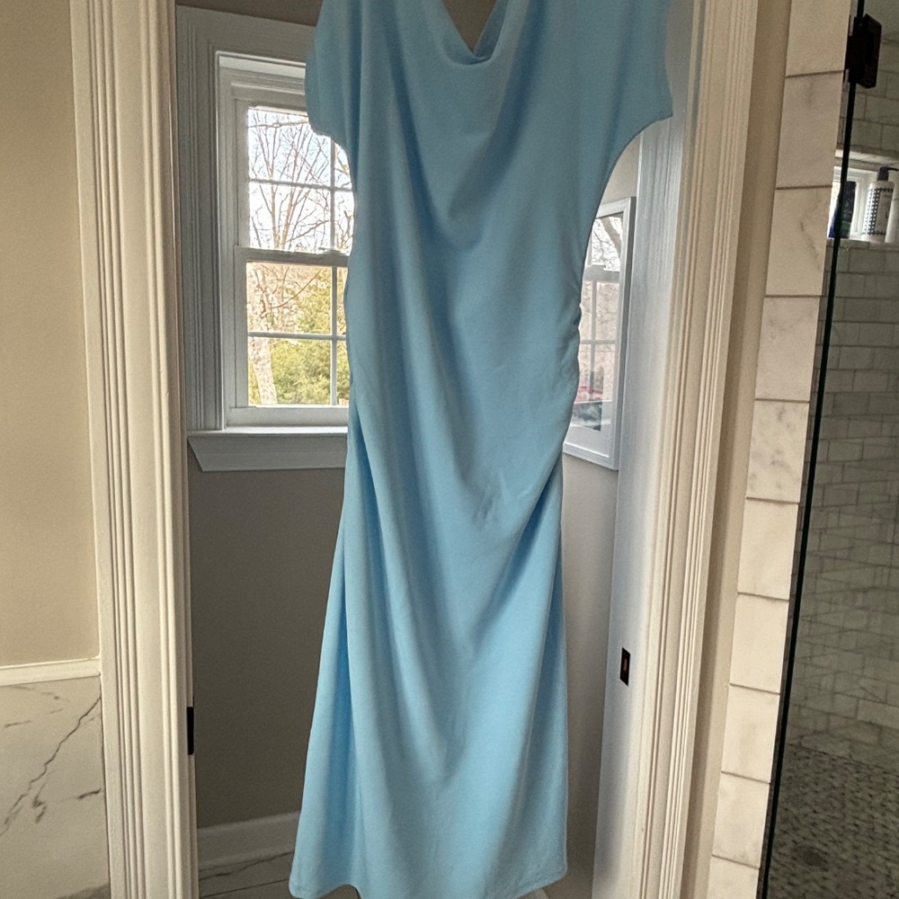 Gibson Latimer blue crepe asymmetric neck midi dress size L - Picture 2 of 5